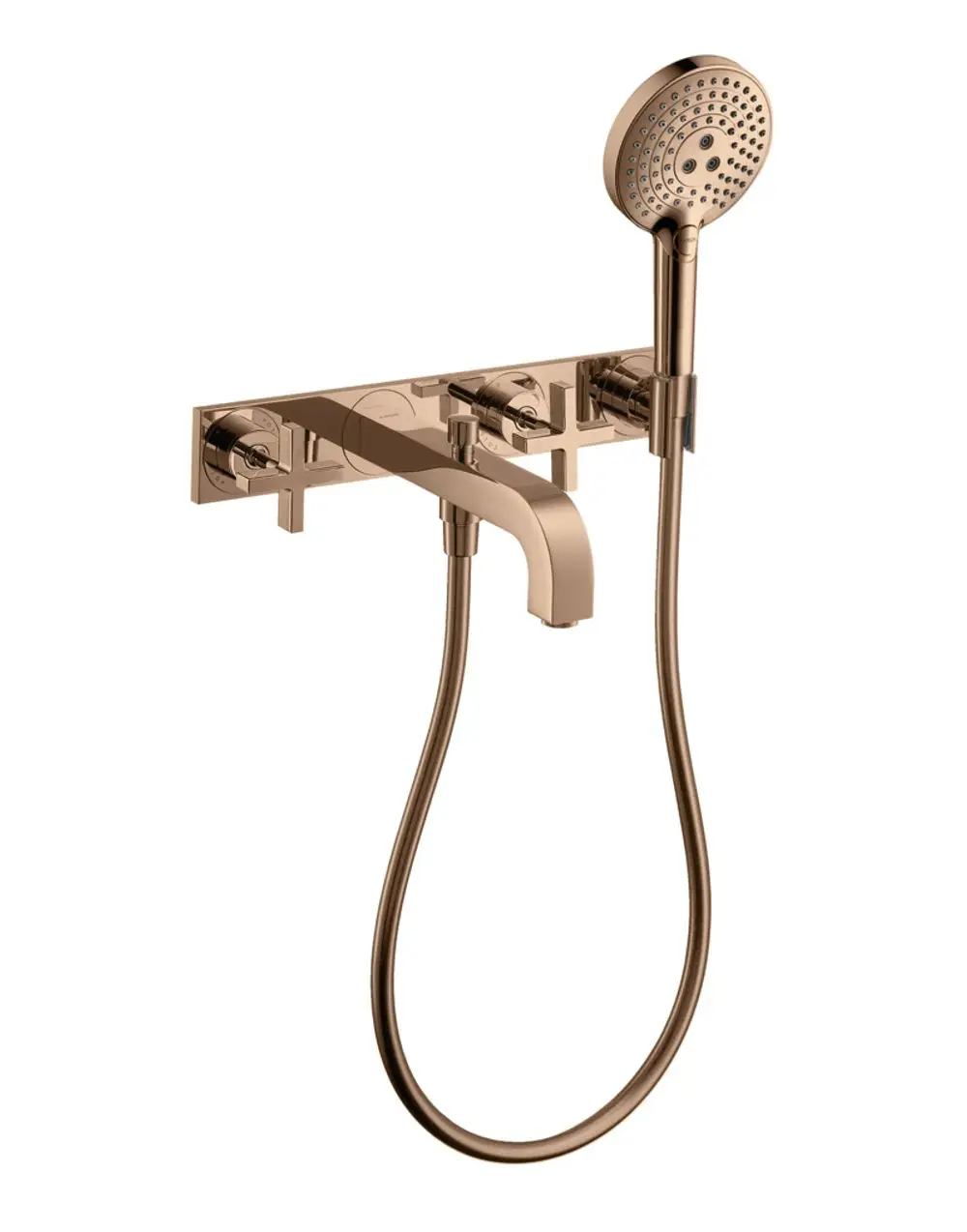 Wannenarmatur mit zwei Kreuzgriffen in poliertem Rotgold, Wandmontage, kombiniert mit einer Handbrause und flexibler Schlauchführung, hergestellt von AXOR.